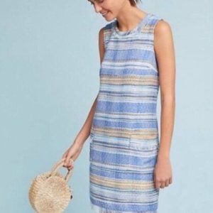Akemi + Kin Anthropologie Blue Striped Tweed Shift Dress Pockets